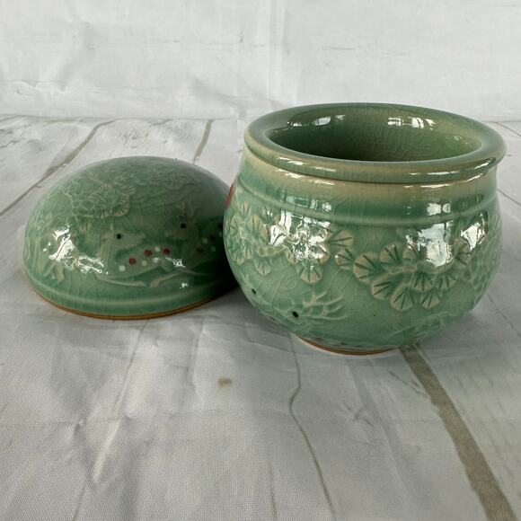 Vintage Celadon Porcelain 3 Piece Tea Infuser Strainer Cup Set Deer Floral - Picture 3 of 13